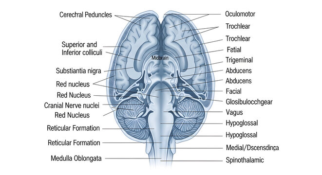 Detailed diagram of human midbrain with various parts and cranial nerves labeled.