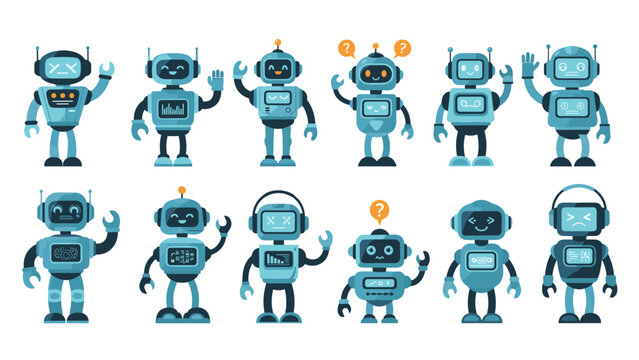 Set of friendly blue robot characters with different facial expressions and poses isolated on a white background.