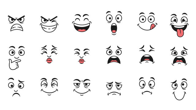 Large assortment of cartoon facial expressions including happy, angry, surprised, and funny eyes and mouth shapes.