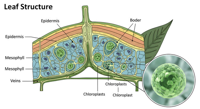 Green leaf structure diagram showing epidermis mesophyll and chloroplasts with microscopic zoom circle.