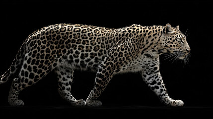 Fototapeta premium Leopard big cat wild animal feline predator black background walking side view spotted fur wildlife photography powerful leopard predator walking side view against dark black background