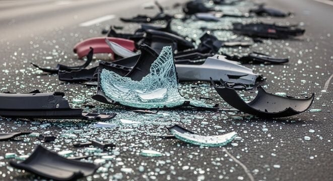 Debris of broken car parts and shattered windshield glass scattered on asphalt road. Traffic vehicle accident scene on highway. Insurance concept and road safety warning photography.
