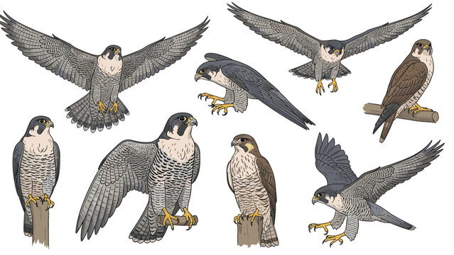 Detailed illustrations of a peregrine falcon in multiple positions including flight, perching, and diving poses.