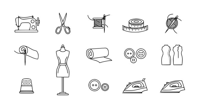Minimal tailor outline icon set with sewing, fabric, and fashion design symbols
