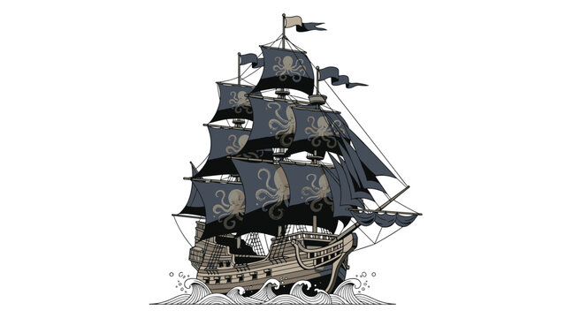 Magnificent vintage sailing ship with dark sails decorated with large octopus graphics cruising on the ocean.