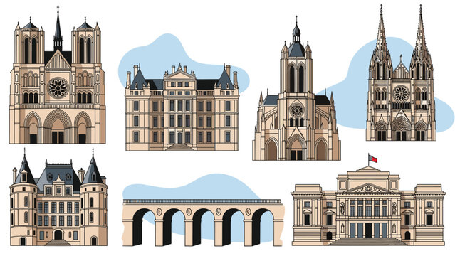 Detailed architectural illustrations of famous French landmarks and gothic cathedrals presented in a clean and modern flat design style.
