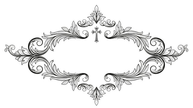 Ornate decorative frame featuring intricate floral scrolls and a Christian cross at the top center for religious or memorial designs.