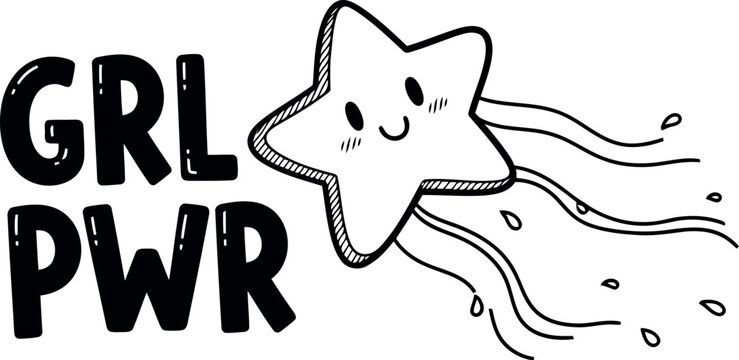 Cute cartoon star with grl pwr text and colorful rainbow trail