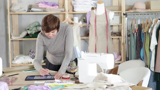 Woman tailor creates sketch of dress on tablet, draws and visualizes model of clothing using computer technology. Software for drawing and visualization