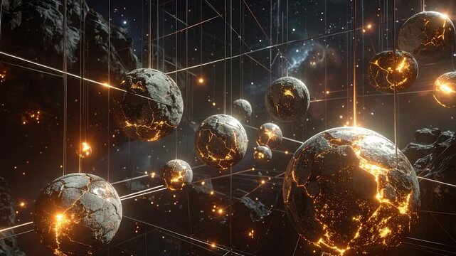 Glowing orbs connected by lines in a dark space, stars and asteroids near