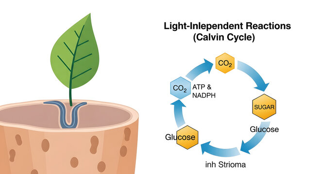 Plant leaf and calvin cycle diagram illustrating light independent reactions photosynthesis.