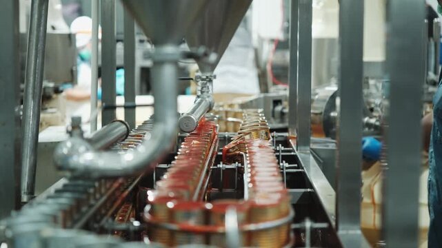 Close-up, automated conveyor rail machine with sardine fish in tomato sauce, filling in can, prepared for instant food production industry, sterile hygiene warehouse, manufacturing factory process.