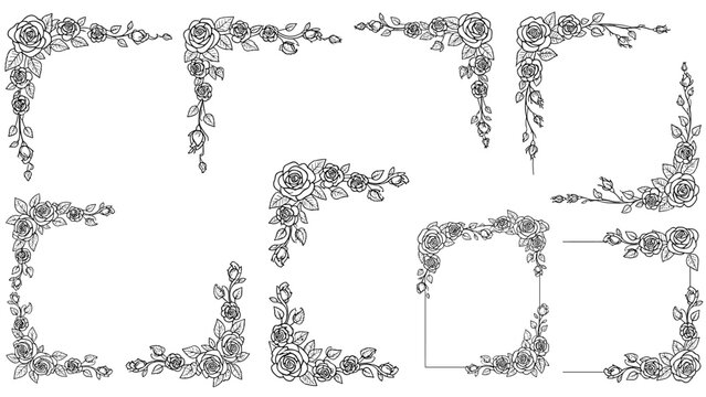 Beautiful collection of rose flower corner ornaments and decorative frames rendered in a detailed black and white hand drawn style.