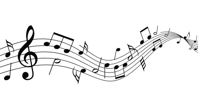 Musical notes and symbols flowing across a curved five-line staff with a prominent treble clef on a white background.