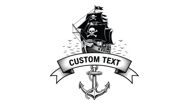 Vintage pirate ship emblem featuring a black sailing vessel with skull and crossbones, a large anchor, and a banner.