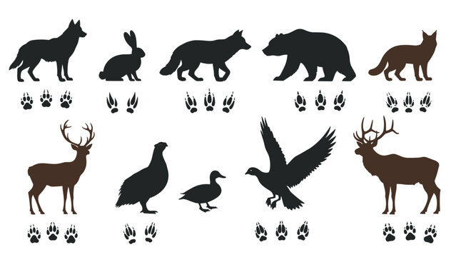 Wild animal silhouettes paired with their respective footprint tracks including wolf, bear, deer, and various bird species.