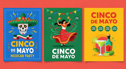 Fototapeta premium Cinco de Mayo celebration posters with skull sombrero dancer and margarita mexican party
