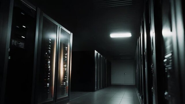 Modern server room features rows of computing racks and network servers, processing and storing vast amounts of digital information for cloud technology and internet services