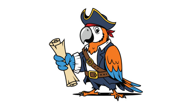 Colorful cartoon parrot pirate character wearing a bicorne hat and coat while holding a rolled-up secret treasure map.