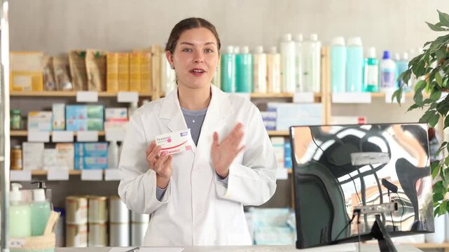 Polite young female pharmacist offering paracetamol in box in chemist's shop with large assortment. High quality 4k footage