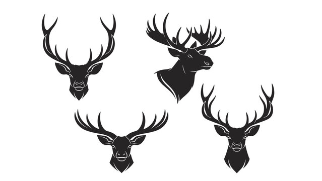 Black silhouettes of deer and moose heads with impressive antler spreads viewed from different angles for hunting logos.