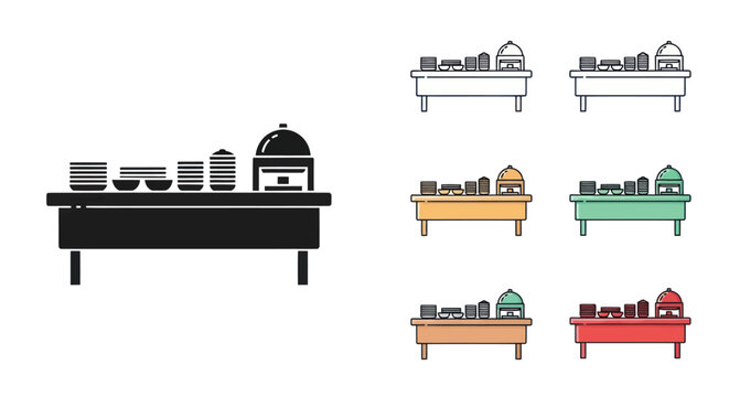 Colorful buffet tables with food warmers.