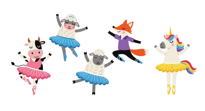 Cartoon animals in ballet costumes dancing.