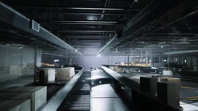 Automated warehouse interior handling various packages on dark modern conveyor belts, symbolizing efficient distribution, logistics, and industrial storage systems with advanced technology