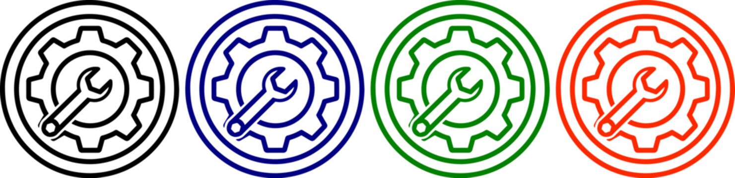 Set of four circular repair and maintenance icons with tools gears and wrenches in black blue green and orange