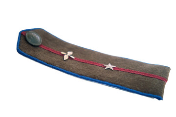 Obraz premium Shoulder strap of a military officer with stars on isolated transparent background. Uniform rank insignia for soldier or commander USSR. National army equipment for service and duty recognition.