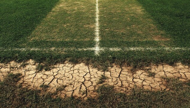 Dry Cracked Earth Bordering Lush Green Sports Field Pitch with White Line Marking