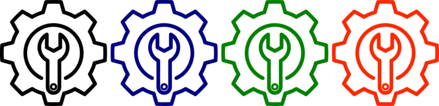 Cogwheel with wrench and spanner tools in four colors