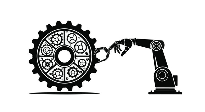 Robotic arm meticulously placing a gear into a larger mechanical wheel, symbolizing precision and automation.