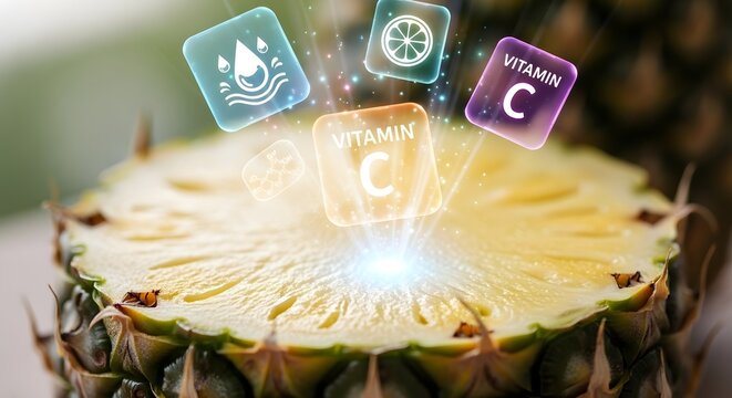 Digital icons highlighting vitamin c in fresh pineapple cross section