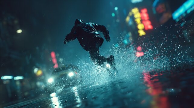 Person leaping through rain-splashed urban street at dusk with vehicle lights.