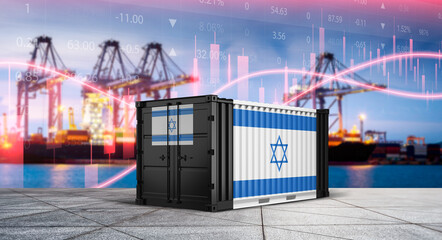Israel Trade and Transport: A cargo container bearing the national flag of Israel stands prominently, symbolizing international trade and the flow of goods. © bao