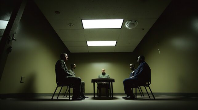 Men sitting around a table in a dimly lit interrogation room setup.