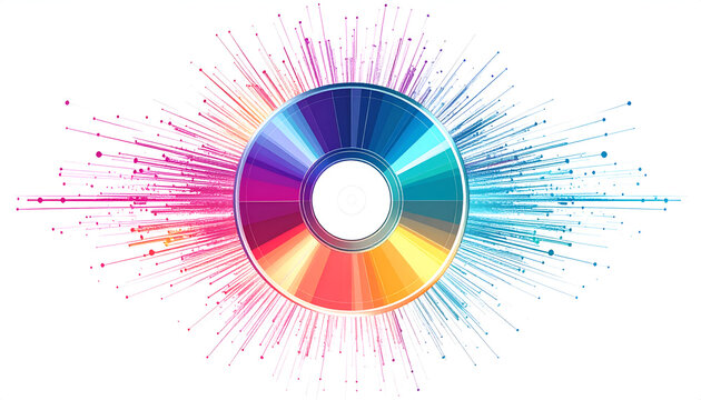 Multicolored burst of radial lines around circle on white background vibrant spectrum