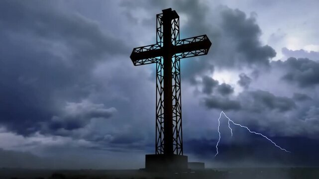 A large metal cross stands tall amidst a stormy sky with lightning illuminating the dark clouds