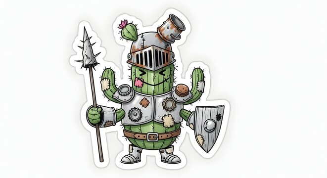 Whimsical cartoon illustration of a pickle character dressed as a medieval knight