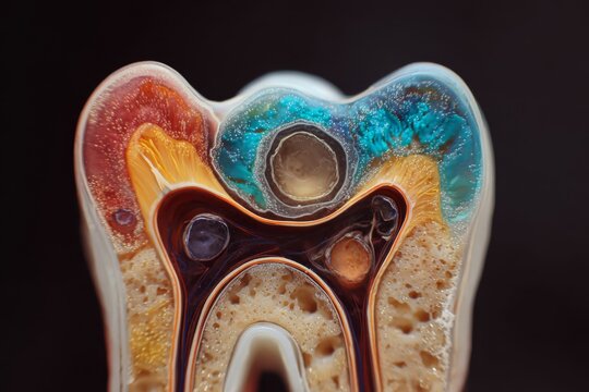Tooth Cross-Section: A close-up view reveals the intricate layers of a tooth, showcasing enamel, dentin, pulp, and root. This detailed shot offers a glimpse into dental anatomy.