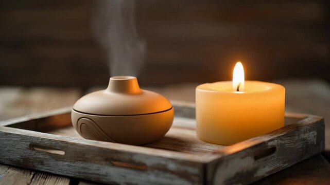 A serene setup featuring a small, beige-colored humidifier emitting a gentle mist next to a lit, cream-colored candle on a rustic wooden tray