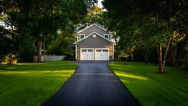 New asphalt driveway leading to modern suburban home with green lawn, clean exterior, sunny environment, peaceful residential neighborhood, ideal for real estate and lifestyle concepts