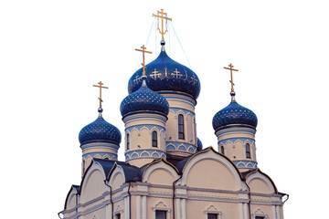 Obraz premium Russian Orthodox church with blue domes and golden crosses on isolated transparent background. Traditional architecture of temple. Eastern Christianity building for religious worship and prayer.