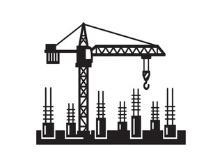 Naklejka premium Construction crane, city skyline, building site, industrial vector icon