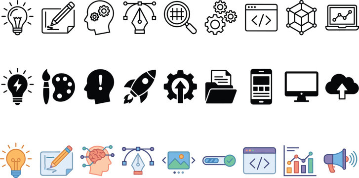 Creative Design and Development Icon Set Featuring Innovation, Coding, UI UX, Technology, Startup, Digital Tools, Analytics, and Programming Symbols in Line, Solid, and Flat Styles