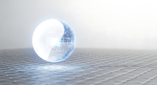 A glowing, translucent sphere with intricate blue patterns levitating above a grid-like surface in a bright, minimalist, futuristic setting.