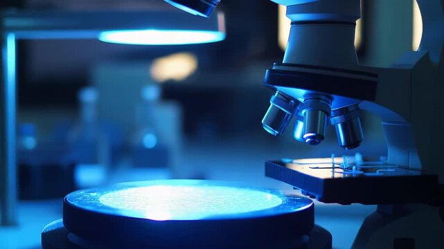 Scientific microscope illuminating a sample in a dark lab, highlighting precise observation and analysis for microbiology, biotechnology, medical research, diagnostics, and discovery