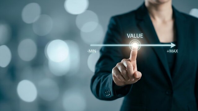 Business Professional Pointing at Value Scale From Minimum to Maximum Representing Strategic Value Optimization, Performance Measurement, and Corporate Goal Achievement