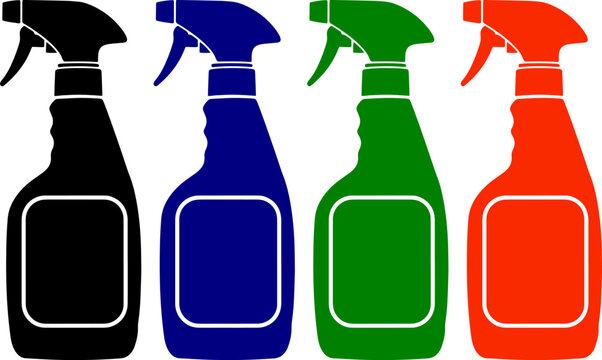 Spray bottle icon with trigger nozzle and label area various colors on transparent background